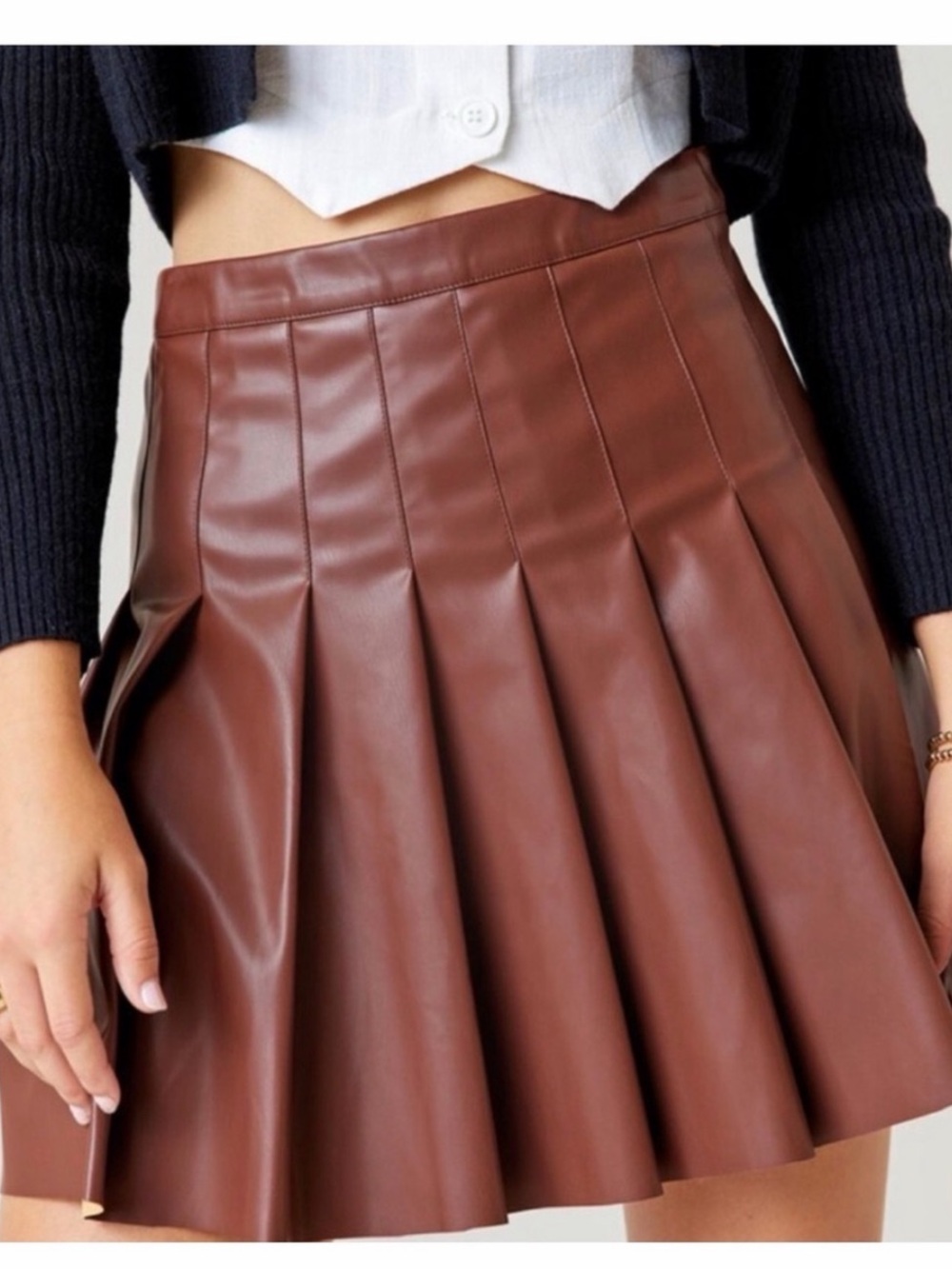 Francesca’s ALYA Brown Faux Leather Pleated Mini Skirt